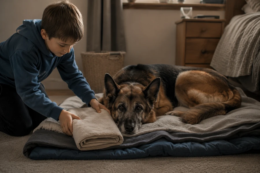 Senior German Shepherd calmly lying on layered washable blankets and protective bedding in a quiet bedroom corner while a young boy gently places an additional folded towel nearby
