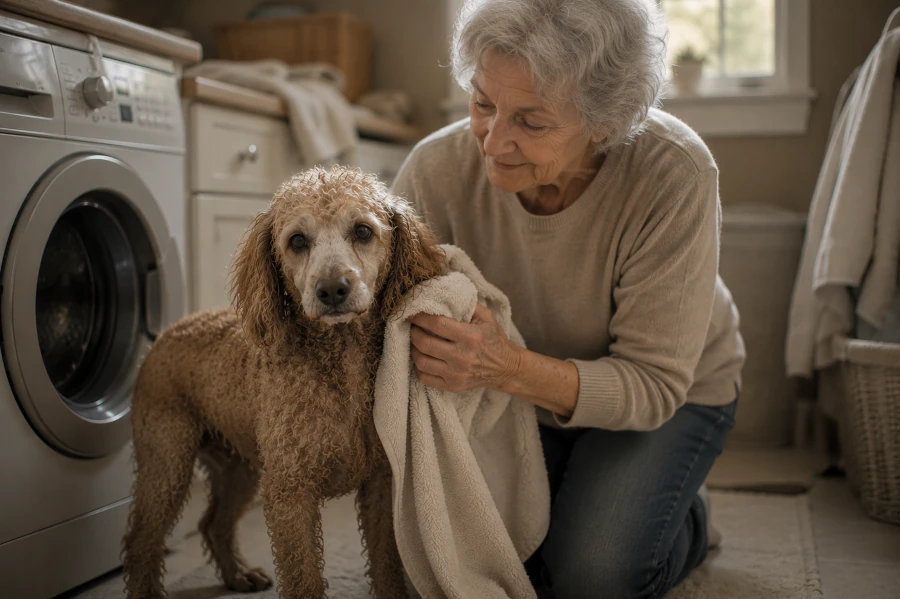 Senior Poodle standing quietly beside an elderly woman in a softly lit laundry room while the woman gently dries the dog with a towel after cleaning