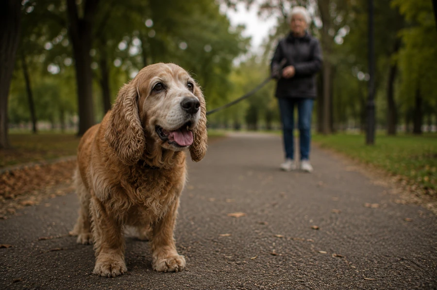 Senior Cocker Spaniel stopping during a slow walk in a quiet park while breathing slightly heavily with open mouth