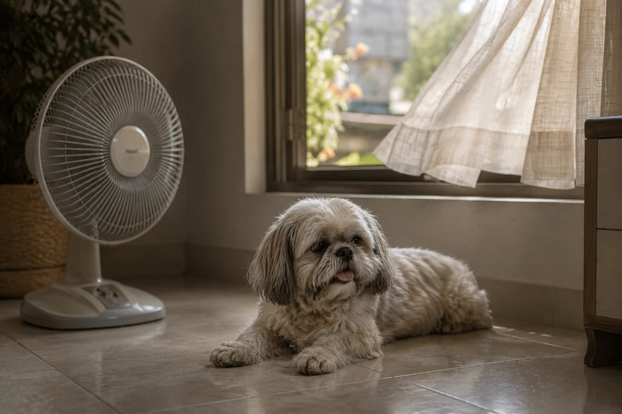 Senior Shih Tzu resting comfortably on a cool tiled floor near a softly running fan and open window during a warm afternoon