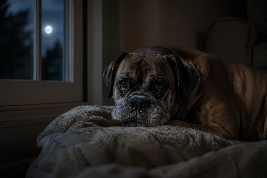 Senior Boxer lying awake near a dim living room window at night with calm but slightly strained breathing expression and tired eyes