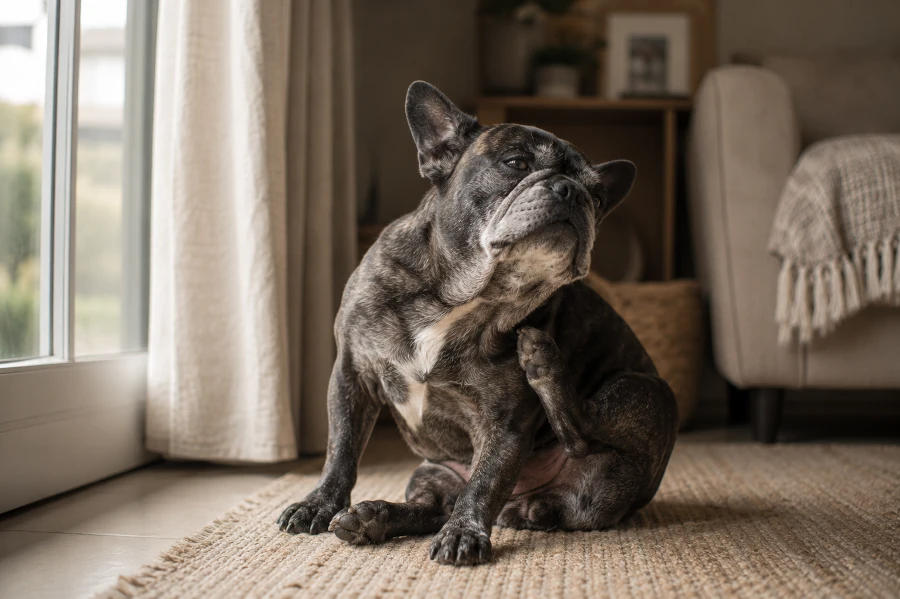 Senior French Bulldog sitting quietly near a living room window while gently scratching the side of the neck with mild irritation