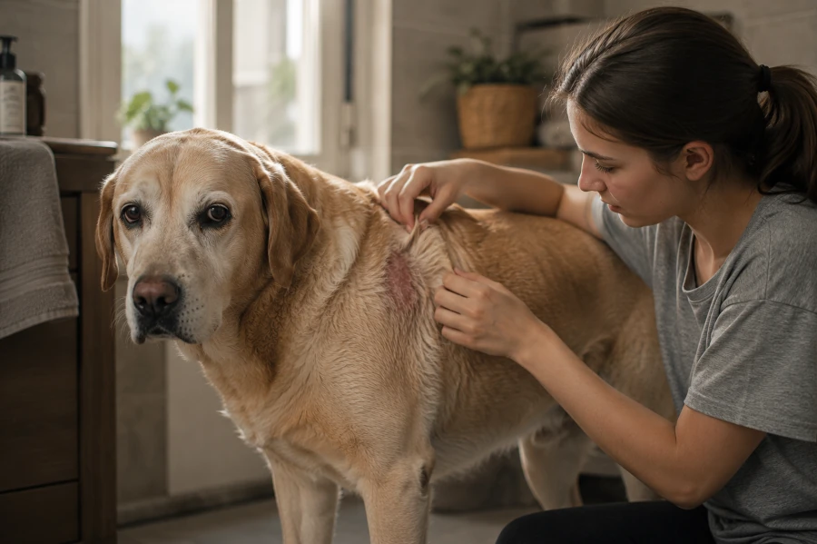 Senior Labrador Retriever calmly standing in a softly lit bathroom while teenage girl gently parts the fur near the shoulder area during brushing to inspect irritated skin