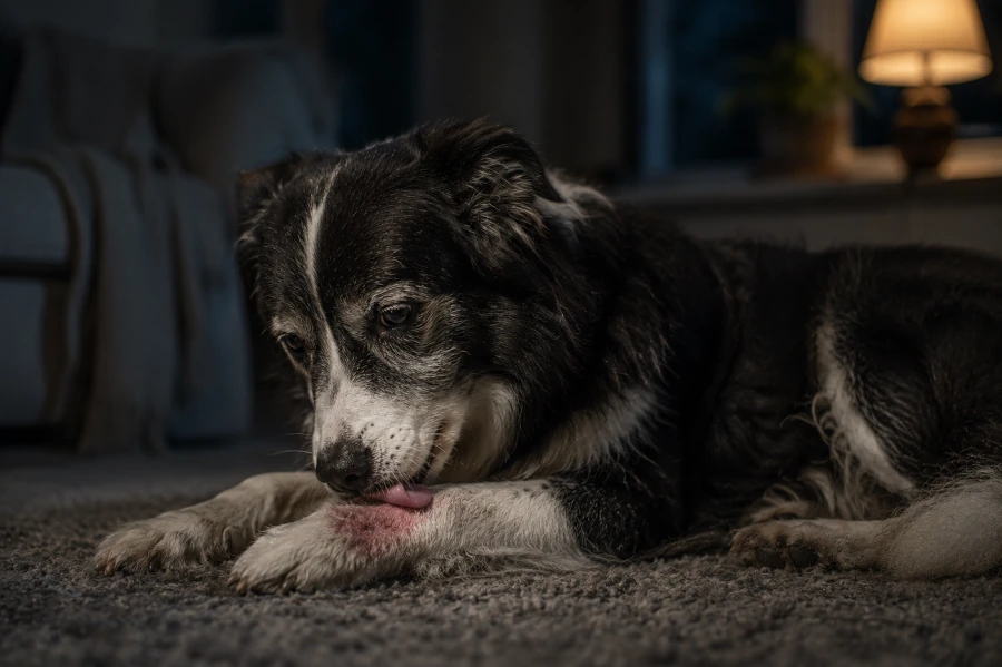 Senior Border Collie lying awake alone on a soft rug at night while repeatedly licking one irritated paw