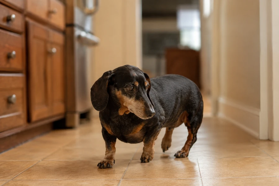 Senior Dachshund slowly walking through a quiet kitchen hallway at home while subtly turning the body due to mild discomfort from a small hidden lump near the side
