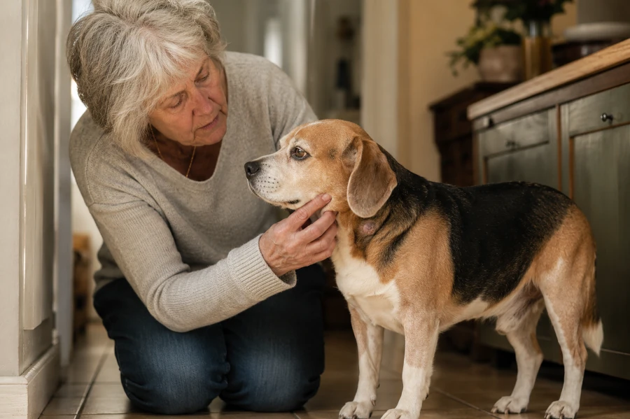 Senior Beagle standing still in a narrow kitchen hallway while an elderly woman gently checks a small visible lump near the dog’s neck