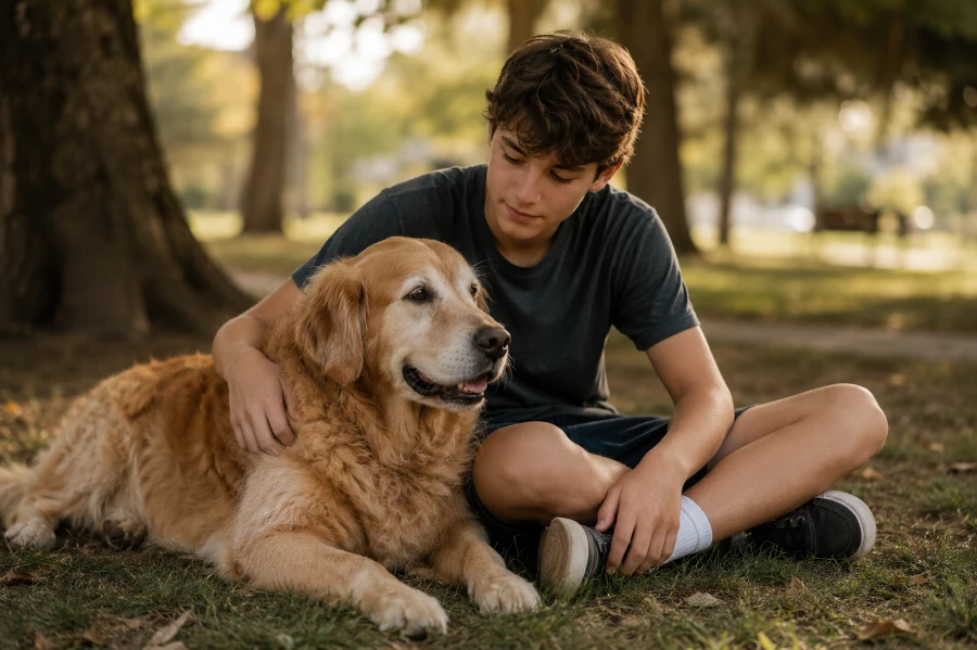 Senior Golden Retriever lying peacefully beside a teenage boy sitting on the grass in a quiet public park