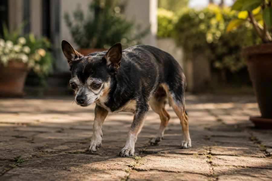 Senior Chihuahua cautiously walking across a backyard garden patio while slightly struggling to stabilize the back legs on uneven ground