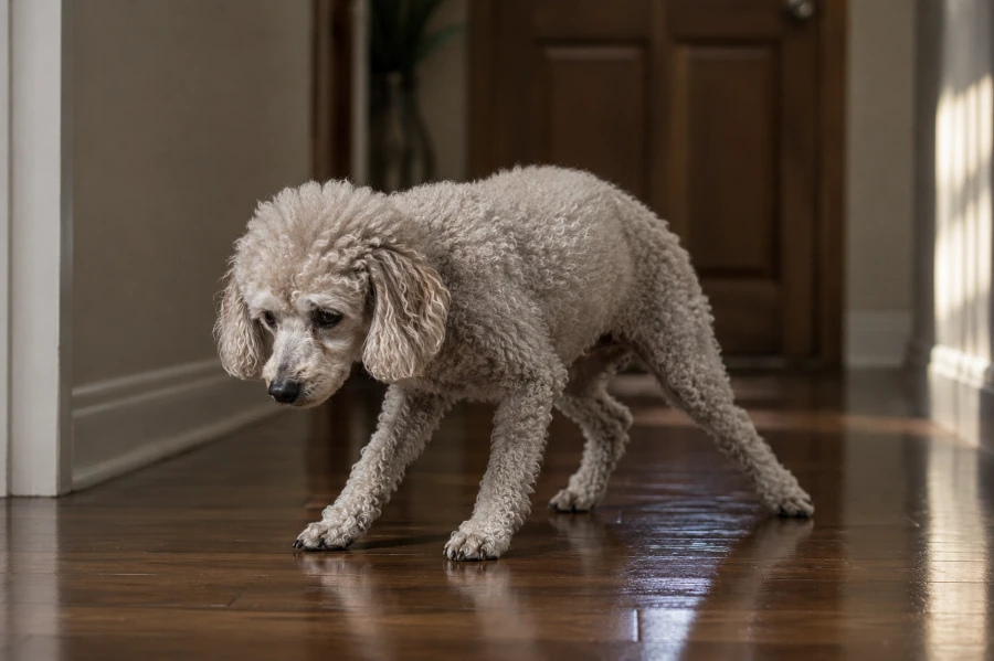 Senior Poodle hesitating nervously on a slippery wooden hallway floor inside a quiet home while carefully trying to regain balance with weak back legs