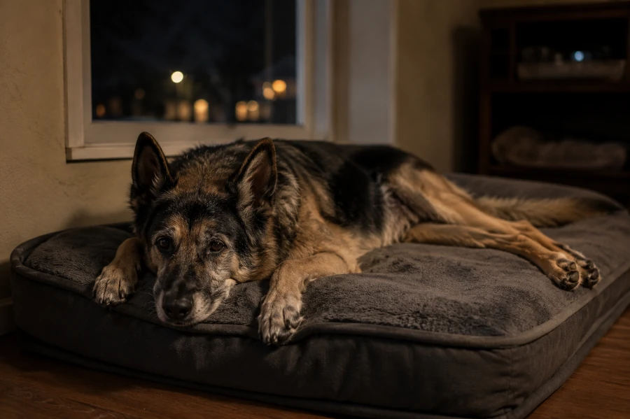 Senior German Shepherd lying awake on a thick orthopedic dog bed at night with visibly weakened back legs stretched behind the body