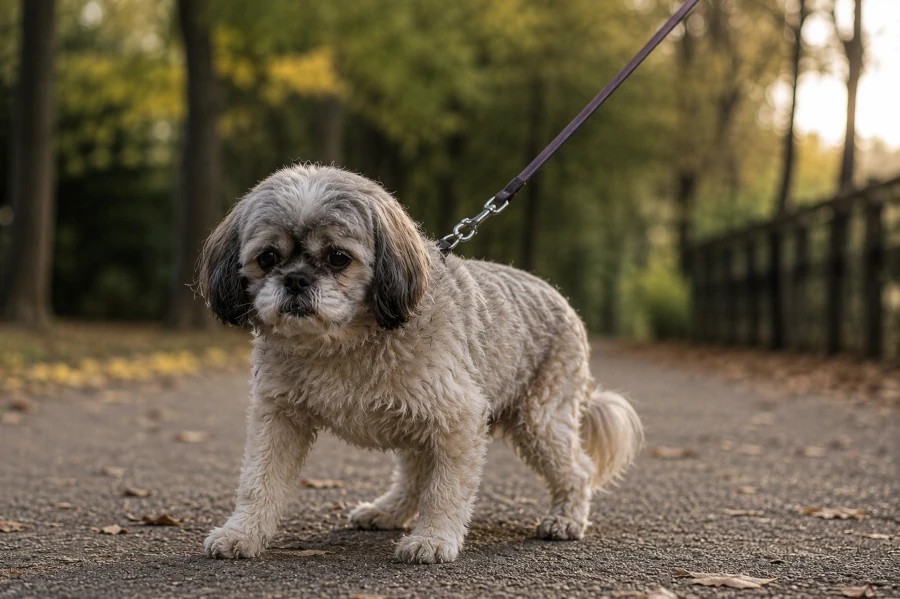 Senior Shih Tzu stopping suddenly during a quiet outdoor park walk with slightly stiff posture and subtle loss of coordination