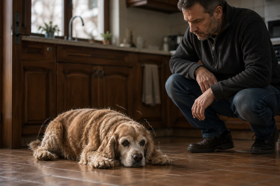 Senior Cocker Spaniel lying calmly on a kitchen floor during a mild trembling episode while a middle-aged man quietly kneels nearby without touching the dog yet