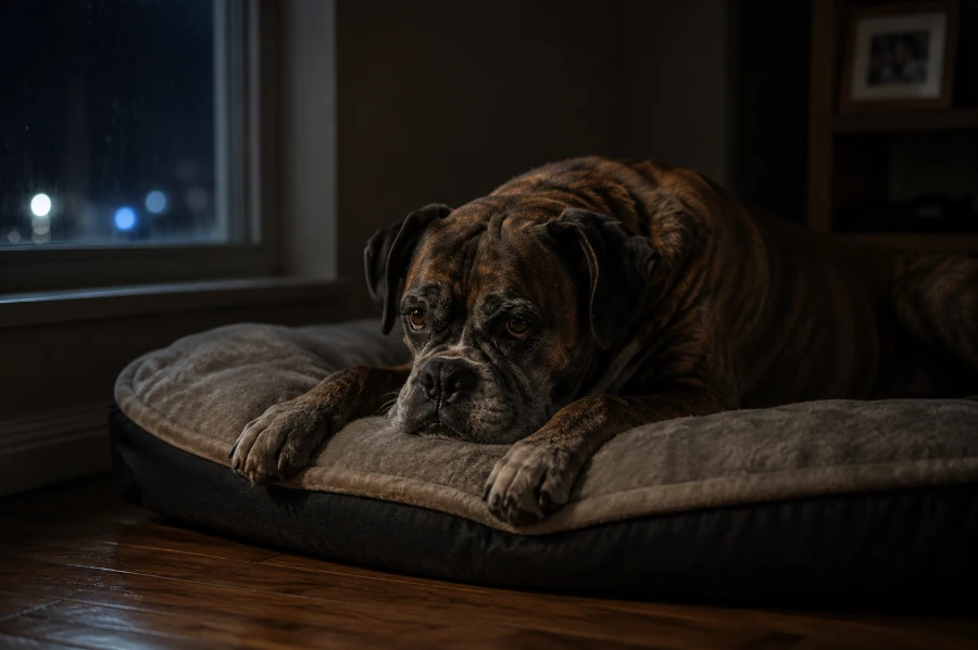 Senior Boxer resting alone on a soft orthopedic bed late at night immediately after a visible trembling episode
