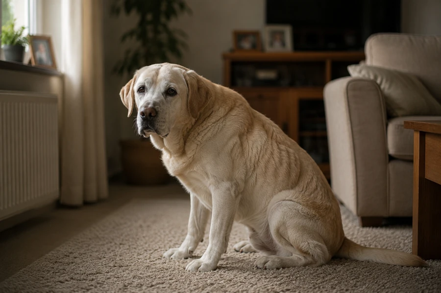 Senior Labrador Retriever sitting quietly on the home living room carpet with noticeably thinner body condition and slightly visible spine beneath the fur