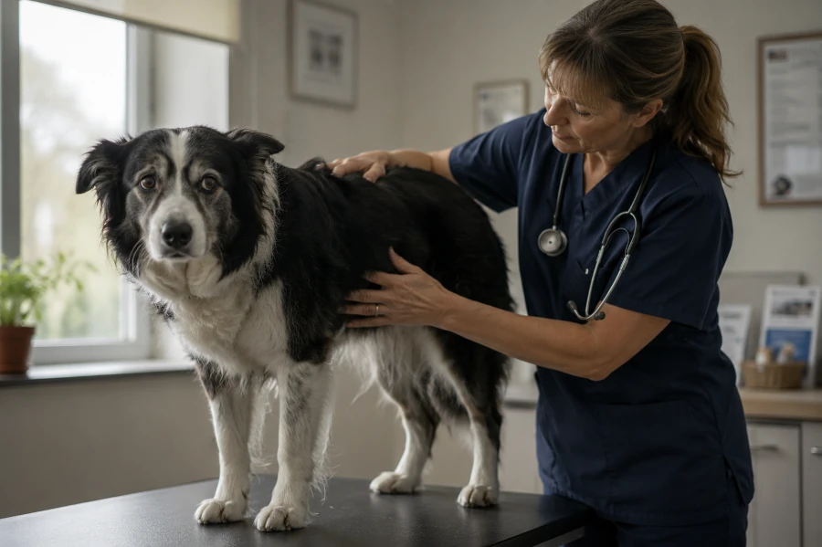 Senior Border Collie standing still during a quiet veterinary examination room visit while a middle-aged female veterinarian gently checks the dog’s ribs and body condition