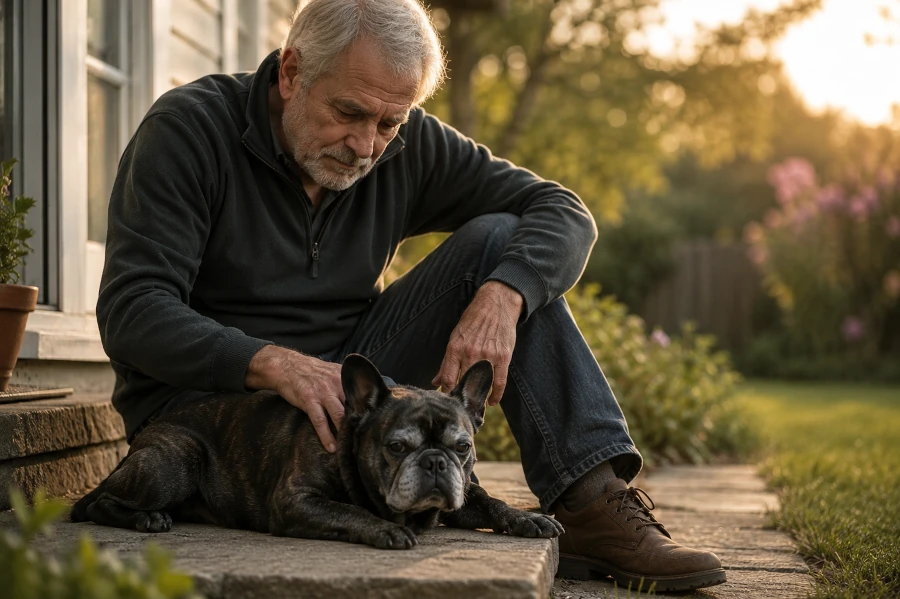 Senior French Bulldog lying peacefully beside an elderly man sitting on a backyard garden step at sunset after months of gradual physical decline