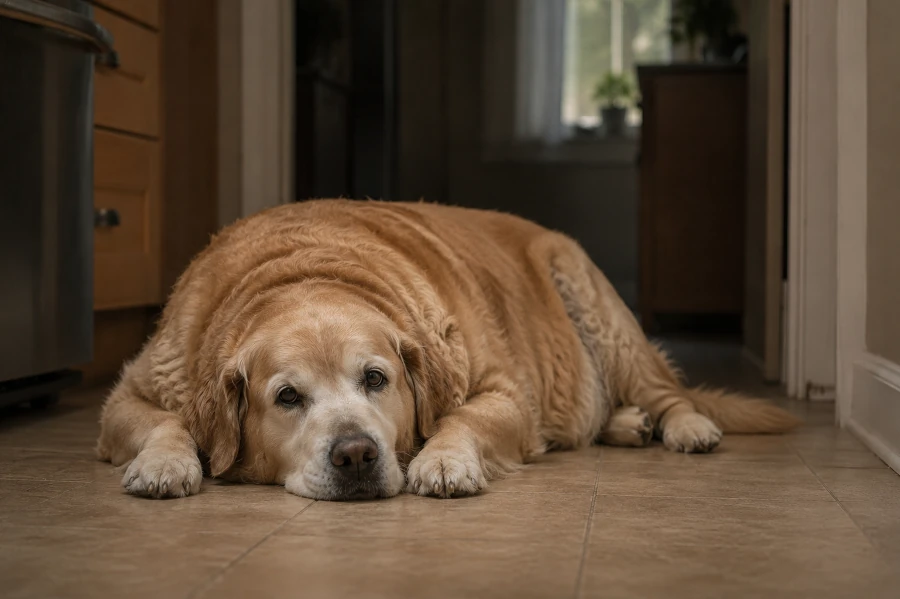 Senior Golden Retriever lying heavily on the kitchen hallway floor at home with visibly increased body weight and slower relaxed posture