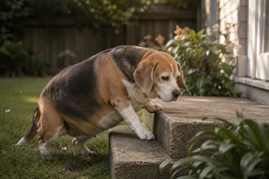 Senior Beagle slowly attempting to climb a small backyard garden step with visibly heavier body condition and mild physical effort visible in posture