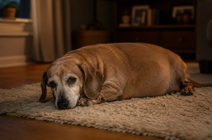 Senior Dachshund resting alone on a soft living room rug late in the evening with slightly overweight body condition and tired emotional expression after a short daily walk