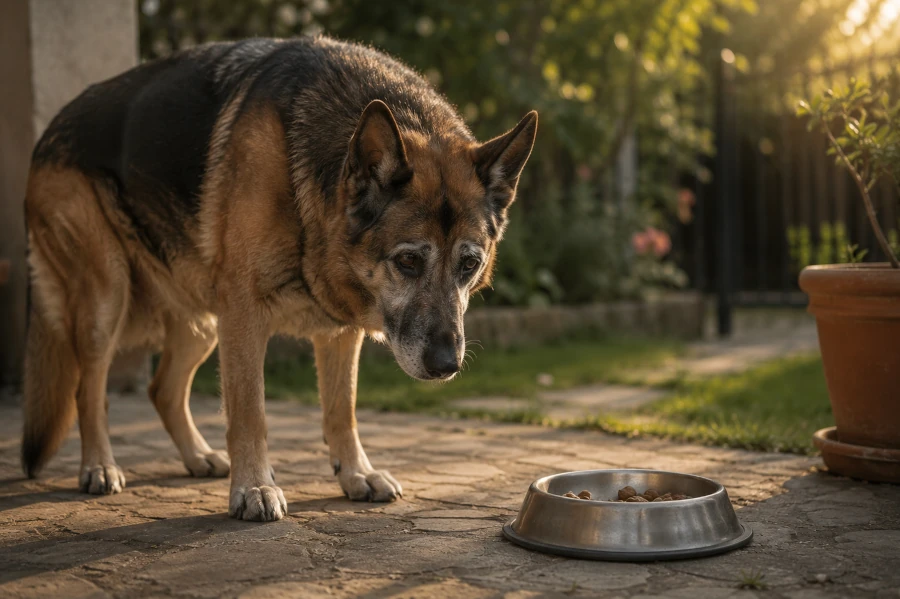 Senior German Shepherd standing quietly near a partially untouched food bowl in a backyard garden patio during early morning light