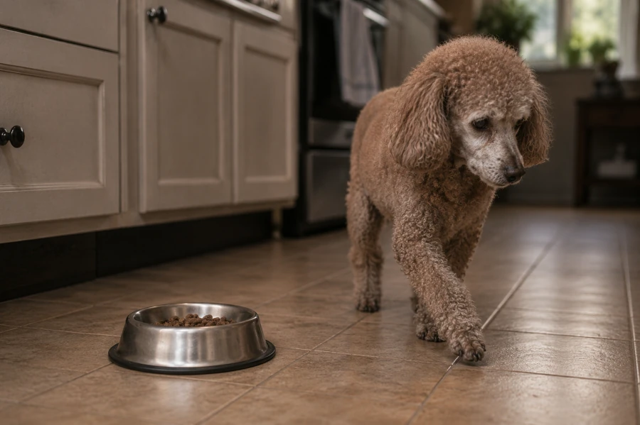 Senior Poodle moving away from a full food bowl in a kitchen area with emotionally atmosphere of heavy reduced interest in food