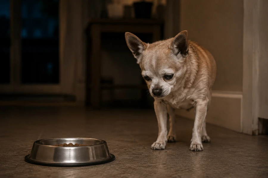 Senior Chihuahua standing alone near a completely untouched dinner bowl late in the evening with visibly low energy and withdrawn body language
