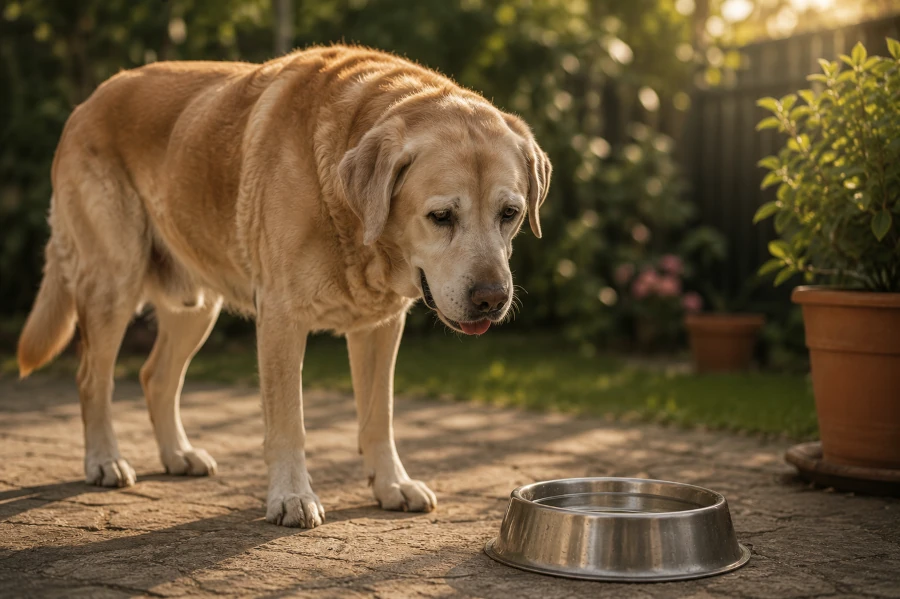 Senior Labrador Retriever standing quietly near an outdoor water bowl in a backyard garden during a warm afternoon while appearing slightly fatigued and physically drained