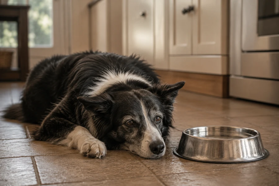 Senior Border Collie lying quietly on a kitchen floor beside a partially full water bowl while showing subtle low-energy posture and dry-looking nose