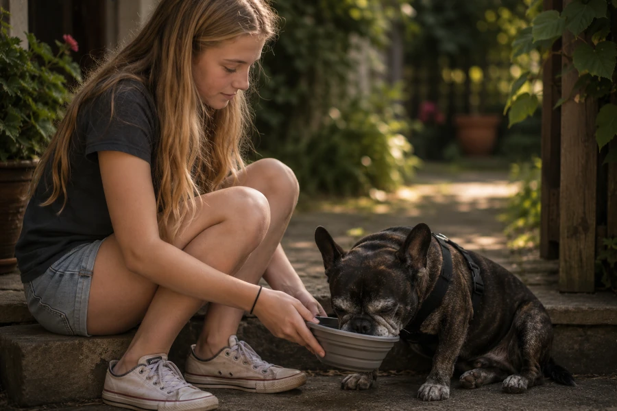Senior French Bulldog resting quietly beside a teenage girl sitting on a shaded backyard garden step while offering a portable water bowl after a slow walk on a warm day