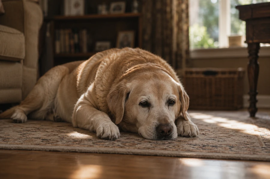 Senior Labrador Retriever lying quietly on a shaded living room floor during the afternoon with visibly low energy and tired body posture after minimal activity