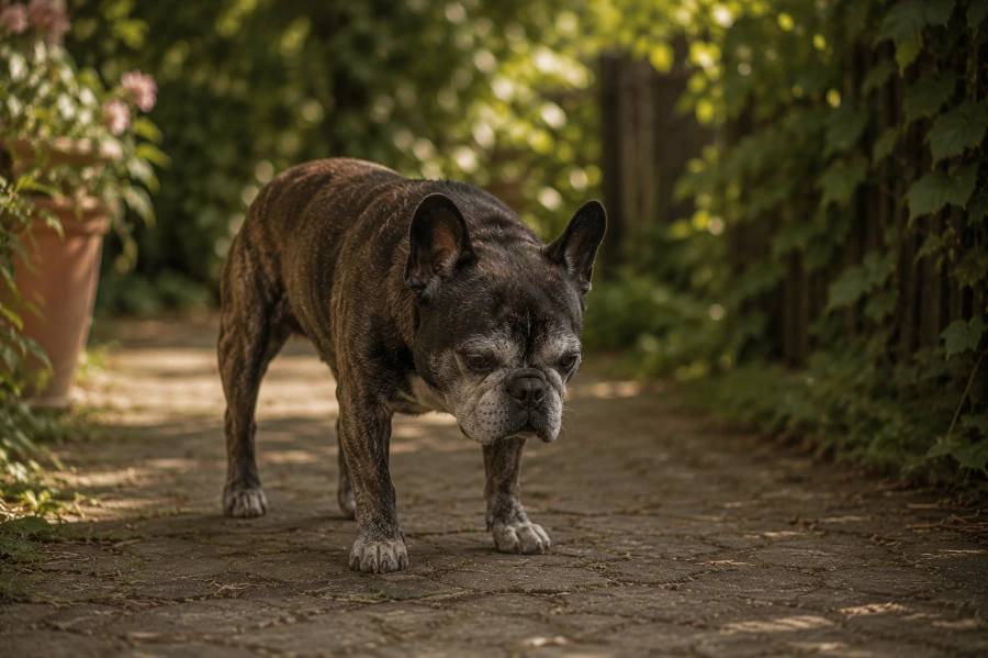 Senior French Bulldog slowly pausing halfway through a short backyard garden walk with visibly reduced stamina and hesitant body posture