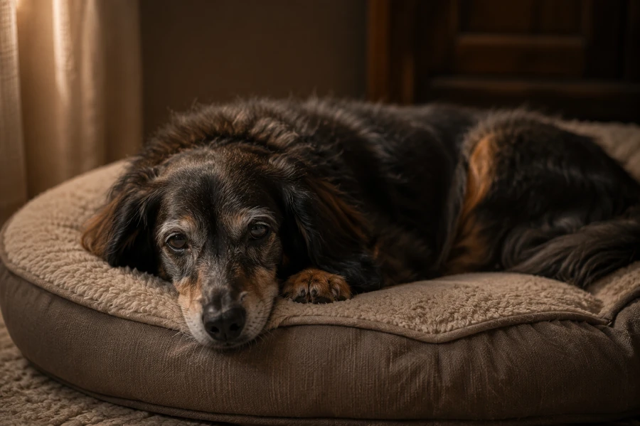 Close-up of a senior Border Collie Dachshund resting alone on a soft orthopedic dog bed at evening with visibly drained expression and tired eyes after a day of unusually low energy