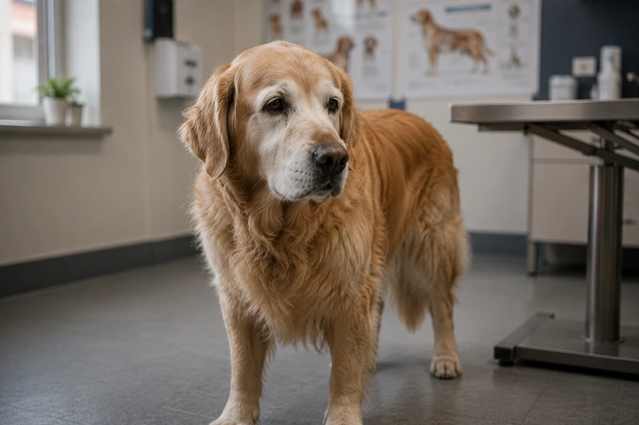 Senior Golden Retriever standing calmly inside a quiet veterinary examination room during a routine senior wellness visit