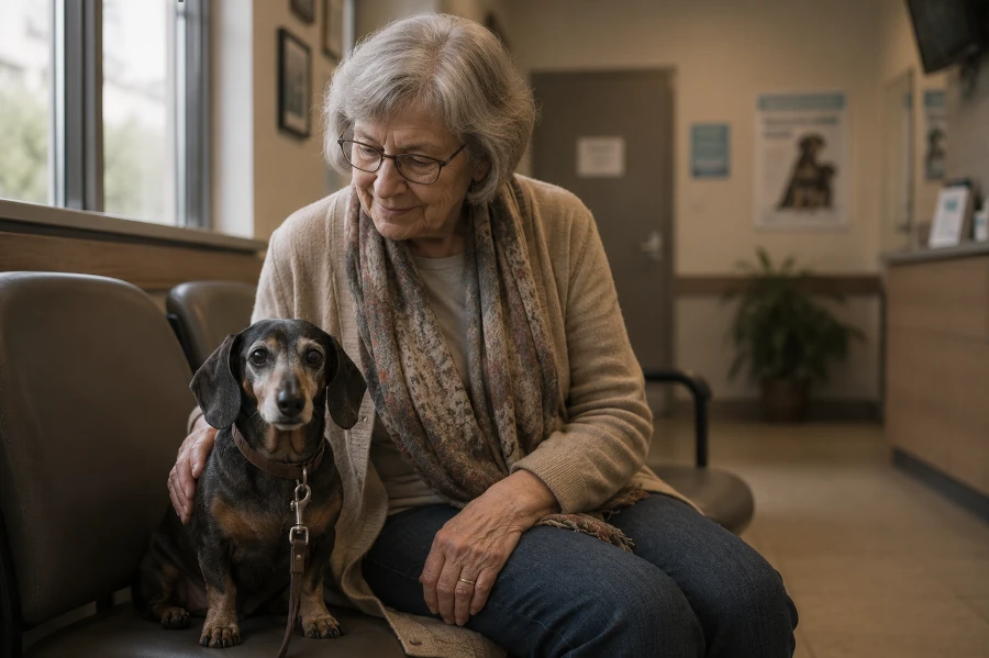 Senior Dachshund sitting quietly beside an elderly woman in a calm veterinary waiting room before a routine checkup