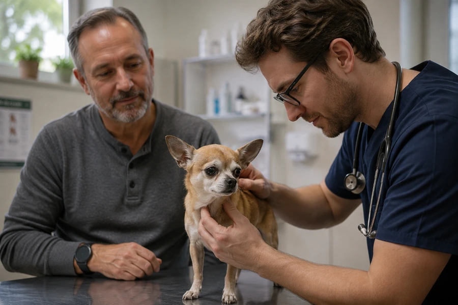 Senior Chihuahua standing quietly while a young veterinary man gently checks his conditions with middle-aged man owner present in the room