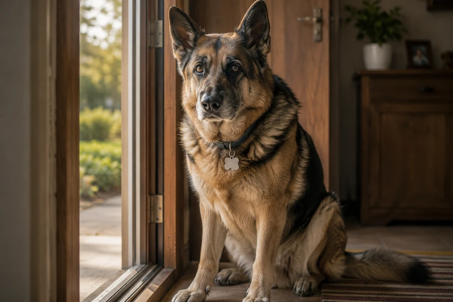 Senior German Sheperd sitting calmly near the entrance door after returning from a routine outdoor walk while wearing a collar and ID tag