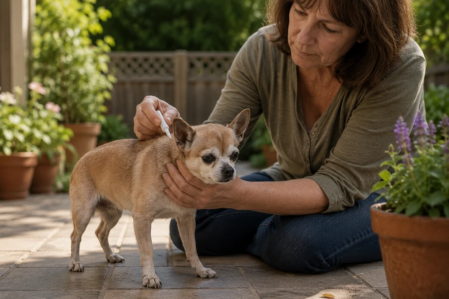 Senior Chihuauha standing quietly on a backyard garden patio while a middle-aged woman gently applies flea and tick prevention treatment to the back of the dog’s neck