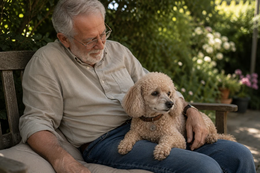 Senior Poodle resting quietly beside an elderly man sitting on a shaded backyard garden bench after a calm veterinary prevention visit