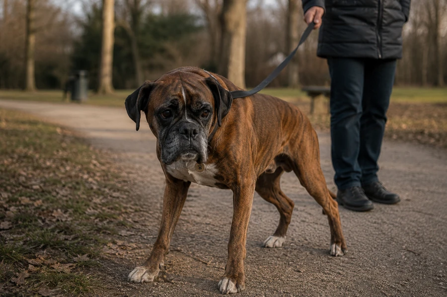 Senior Boxer standing slowly during a quiet outdoor park walk with subtly stiff posture and visible hesitation while changing direction