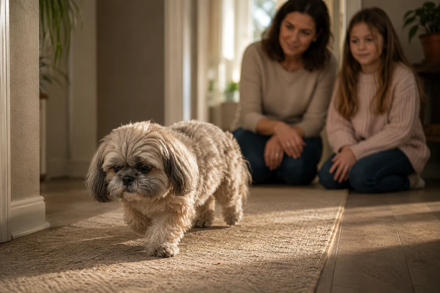 Senior Shih Tzu carefully walking across a non-slip rug placed over a slippery hallway floor inside a quiet home while a 35 year old woman with her 8 year old daughter calmly observe nearby without interfering