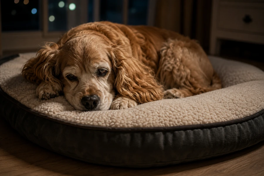 Close-up of a senior Cocker Spaniel resting alone on a thick orthopedic dog bed late at night with tired eyes and subtle muscle tension after a physically difficult day