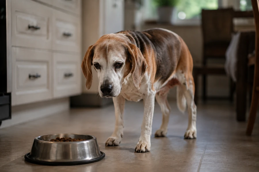 Senior Beagle standing hesitantly beside a food bowl in a quiet kitchen while showing visible muscle wasting