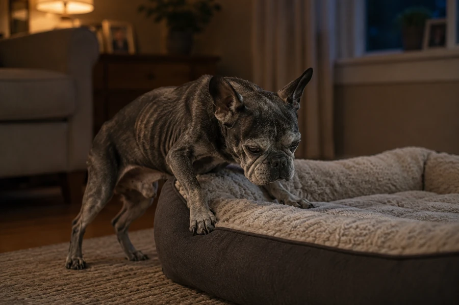 Senior French Bulldog slowly climbing onto a thick orthopedic dog bed at evening after a physically exhausting day with visibly fragile body condition