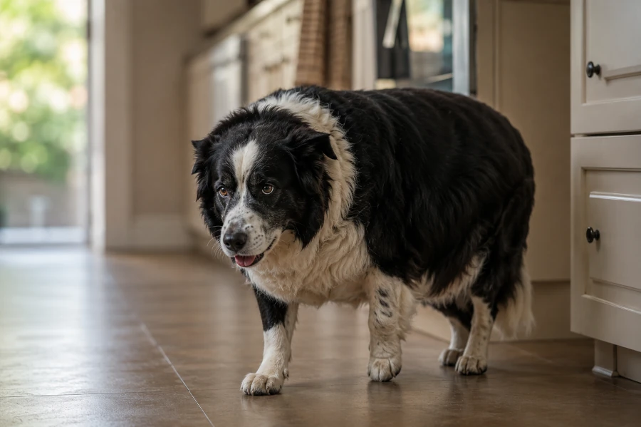 Overweight senior Border Collie walking slowly through a quiet kitchen hallway environment while showing visible physical fatigue