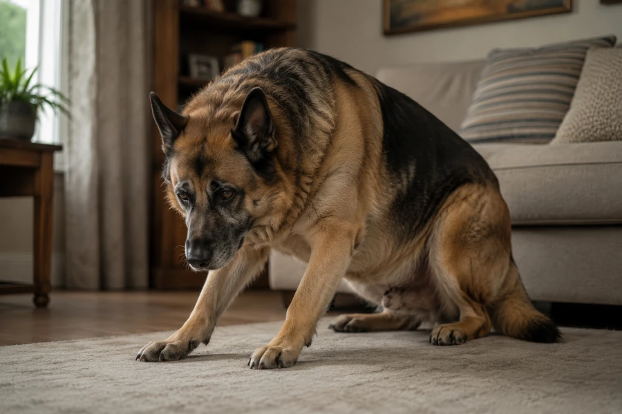 Overweight senior German Shepherd struggling to rise slowly from a living room floor after resting and showing visible joint stiffness