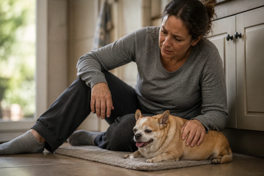 Overweight senior Chihuahua resting heavily beside a concerned middle-aged woman sitting quietly on the kitchen floor after a physically exhausting short daily routine
