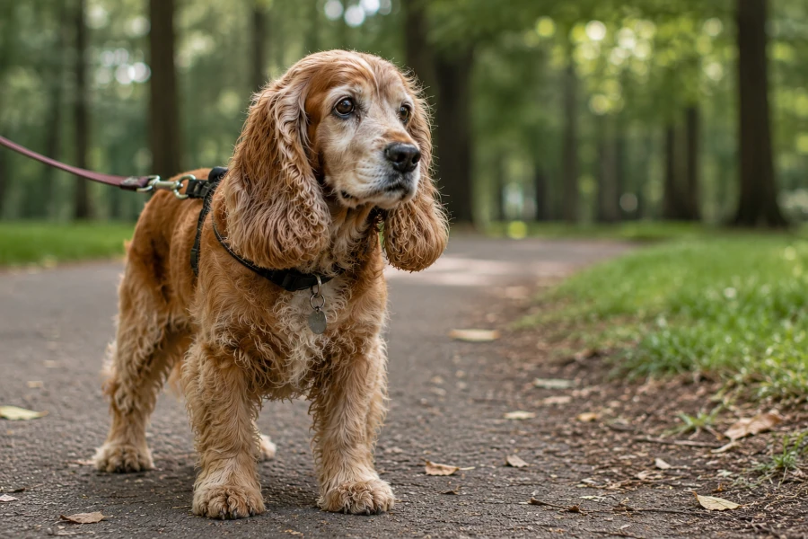 Senior Cocker Spaniel standing calmly during a quiet walk in a green park