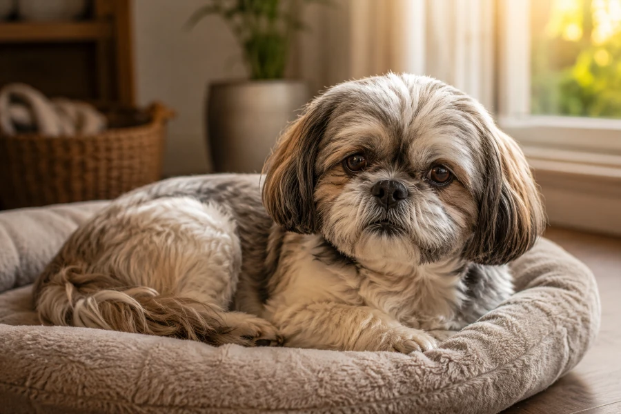 Senior Shih Tzu resting comfortably on a soft dog bed after a daily walk