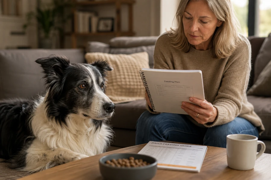Senior Border Collie resting calmly in a comfortable living room while the owner reviews the dog's feeding routine