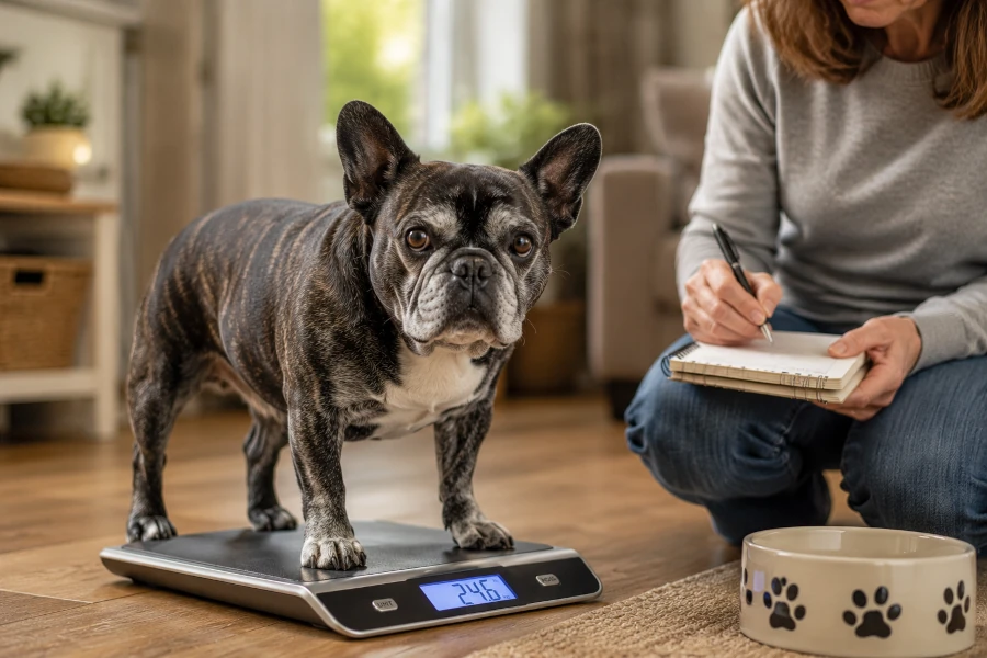 Senior French Bulldog standing on a digital pet scale during a routine weight check at home